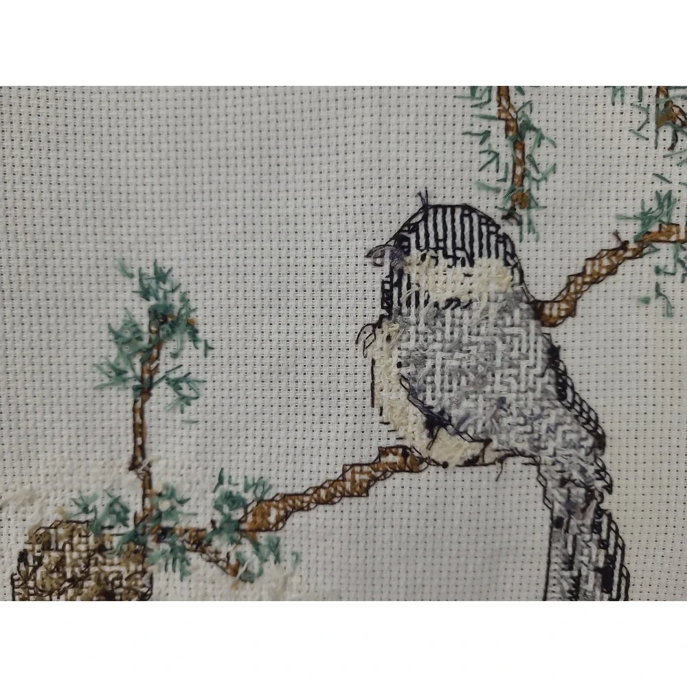 Handmade Cross Stitch Chickadee‎ Winter Scene Needlepoint Art Decor Completed